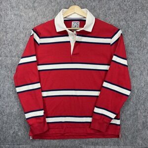 Lands End Rugby Polo Shirt Men's Medium Long Sleeve Striped Red White Cotton